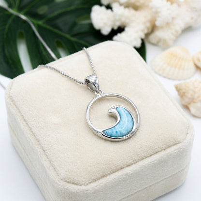 Hawaiian Ocean Wave Circle Larimar Stone Pendant Necklace - 925 Sterling Silver