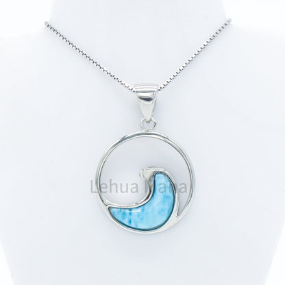 925 Silver Larimar Round Wave Necklace, Larimar Necklace, 925 Sterling Silver Jewelry, Round Wave Necklace