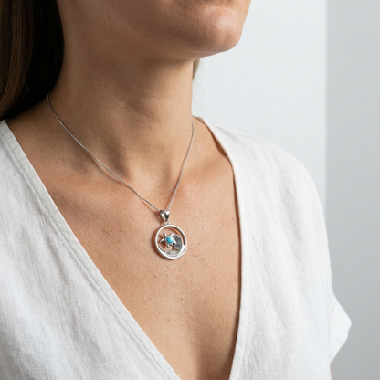 925 Sterling Silver Genuine Larimar Stone Round Turtle Wave Pendant Necklace