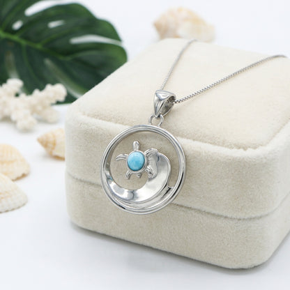 Hawaiian Ocean Wave Sea Turtle Larimar Stone Pendant Necklace - 925 Sterling Silver