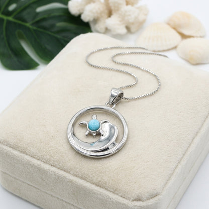 Hawaiian Ocean Wave Sea Turtle Larimar Stone Pendant Necklace - 925 Sterling Silver