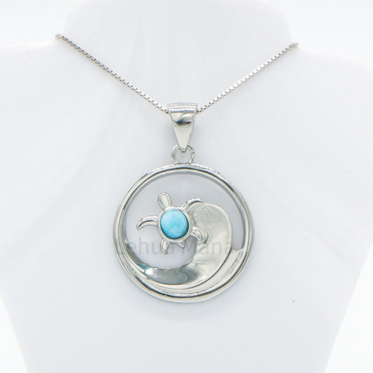 925 Silver Larimar Round Turtle Wave Necklace, Larimar Necklace, 925 Sterling Silver Jewelry, Round Turtle Wave Necklace