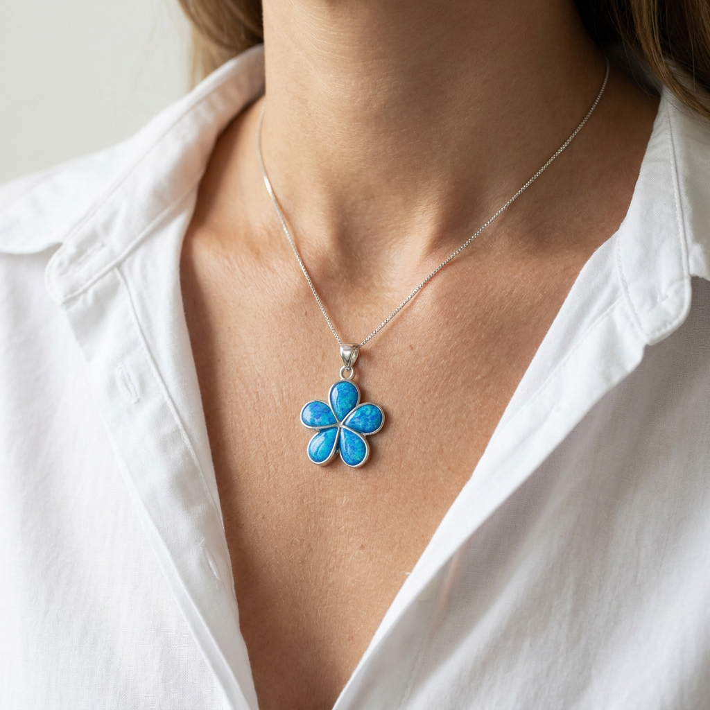 Hawaiian Plumeria Flower Blue Opal Stone Pendant Necklace - 925 Silver