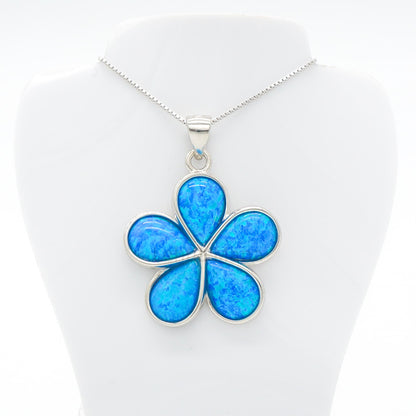 925 Sterling Silver Blue Opal 25mm Flower  Pendant Necklace, Opal Necklace, 925 Sterling Silver Jewelry, 25mm Flower Necklace