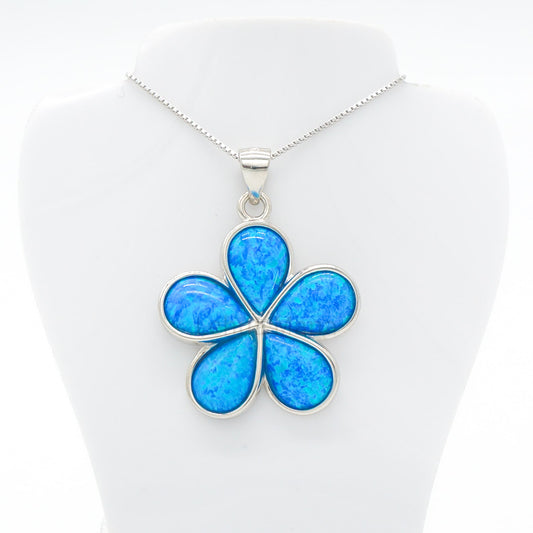 925 Sterling Silver Blue Opal 25mm Flower  Pendant Necklace, Opal Necklace, 925 Sterling Silver Jewelry, 25mm Flower Necklace