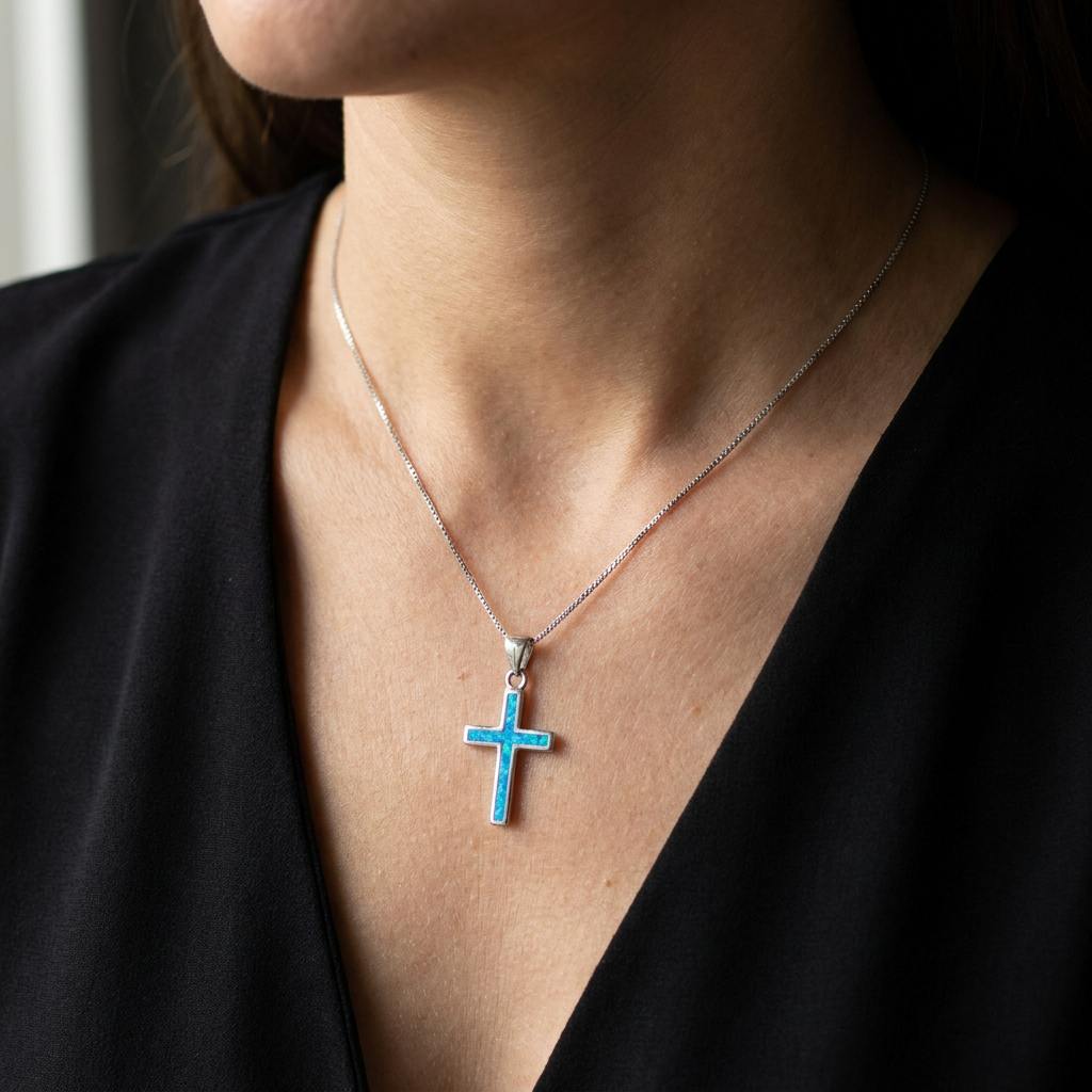 925 Sterling Silver Blue Opal Stone Traditional Cross Pendant Necklace