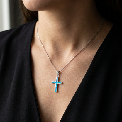 925 Sterling Silver Blue Opal Stone Traditional Cross Pendant Necklace