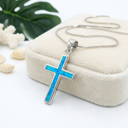 Classic Cross Opal Stone Pendant Necklace - 925 Sterling Silver