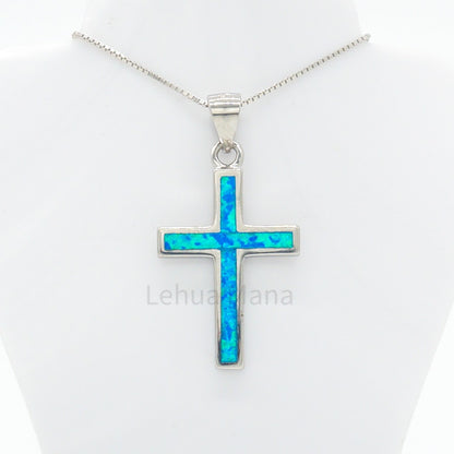 925 Sterling Silver Blue Opal Cross  Pendant Necklace, Opal Necklace, 925 Sterling Silver Jewelry, Cross Necklace
