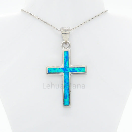 925 Sterling Silver Blue Opal Cross  Pendant Necklace, Opal Necklace, 925 Sterling Silver Jewelry, Cross Necklace