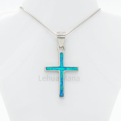 925 Sterling Silver Blue Opal Cross  Pendant Necklace, Opal Necklace, 925 Sterling Silver Jewelry, Cross Necklace