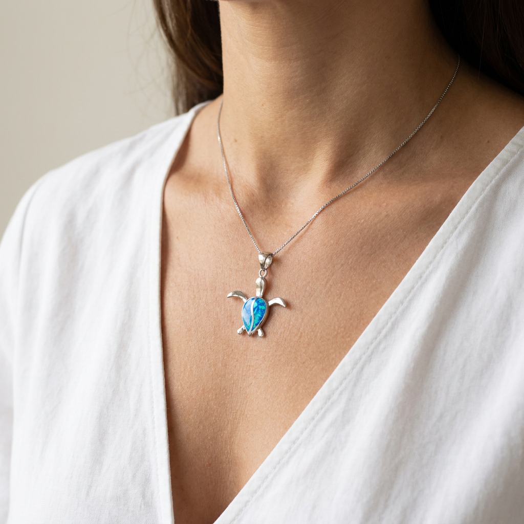 Hawaiian Sea Turtle Honu Blue Opal Stone Pendant Necklace - 925 Silver