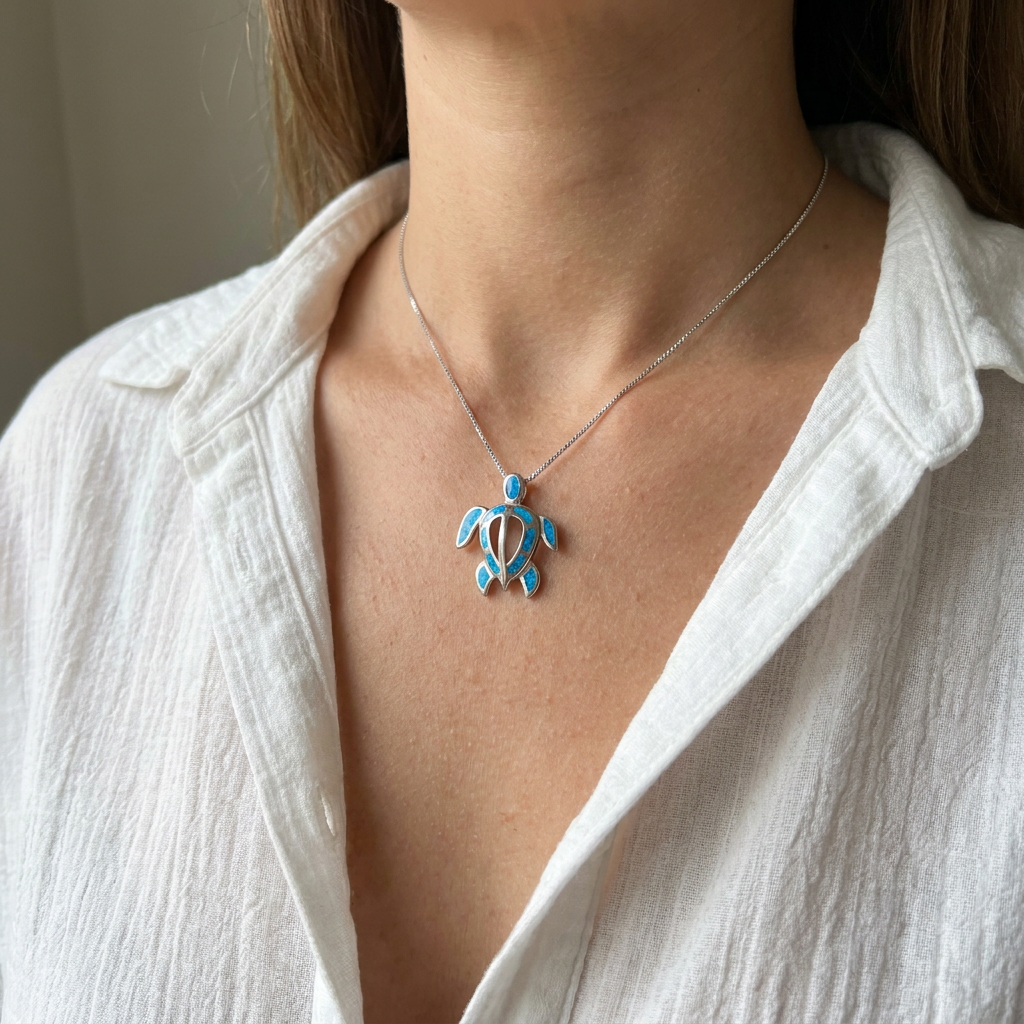 925 Sterling Silver Opal Stone Cutout Sea Turtle "Honu" Pendant Necklace