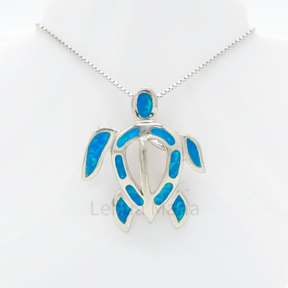 925 Sterling Silver Blue Opal Cutout Turtle Pendant Necklace, Opal Necklace, 925 Sterling Silver Jewelry, Turtle Necklace