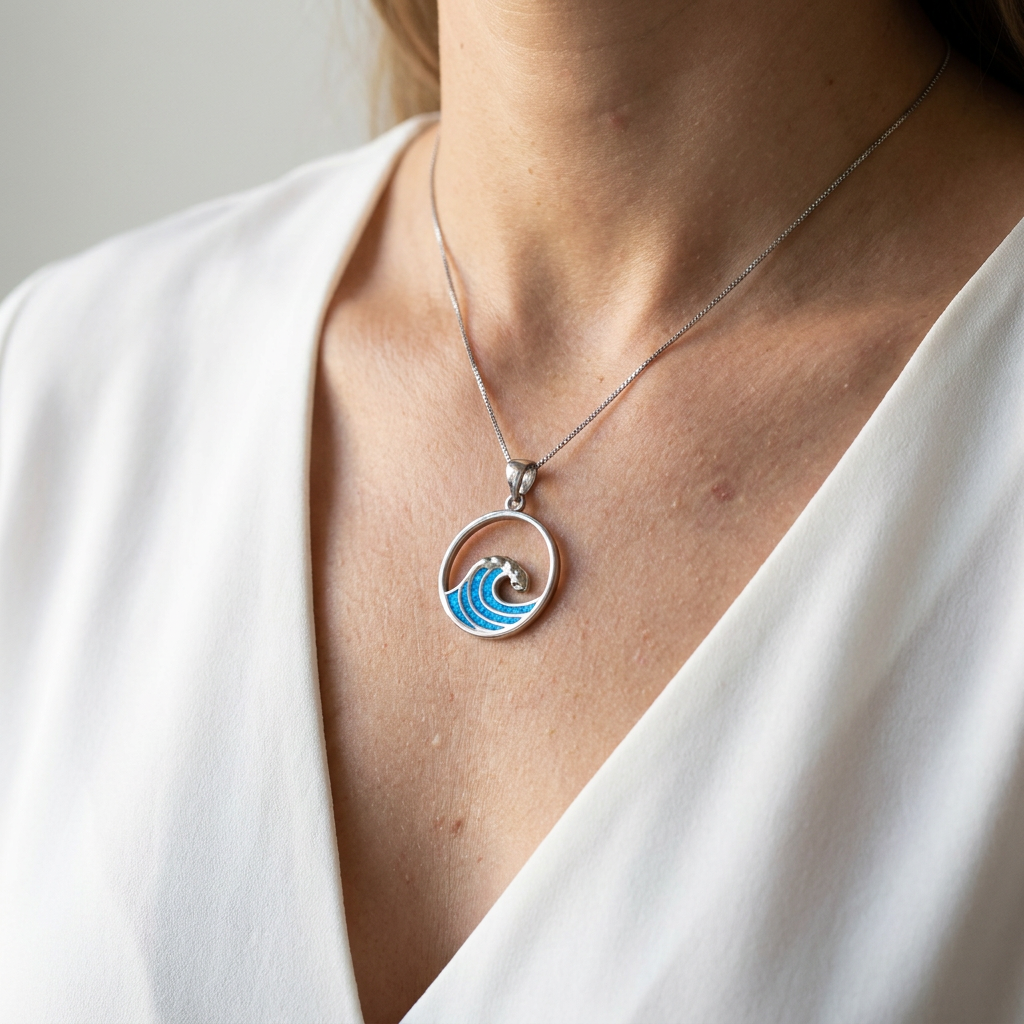 925 Sterling Silver Blue Opal Stone Round Wave Pendant Necklace