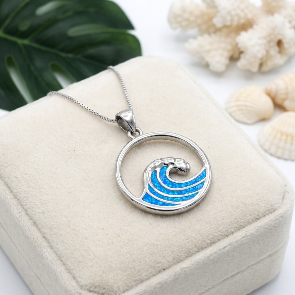 Hawaiian Round Crashing Wave Blue Opal Stone Pendant Necklace - 925 Silver