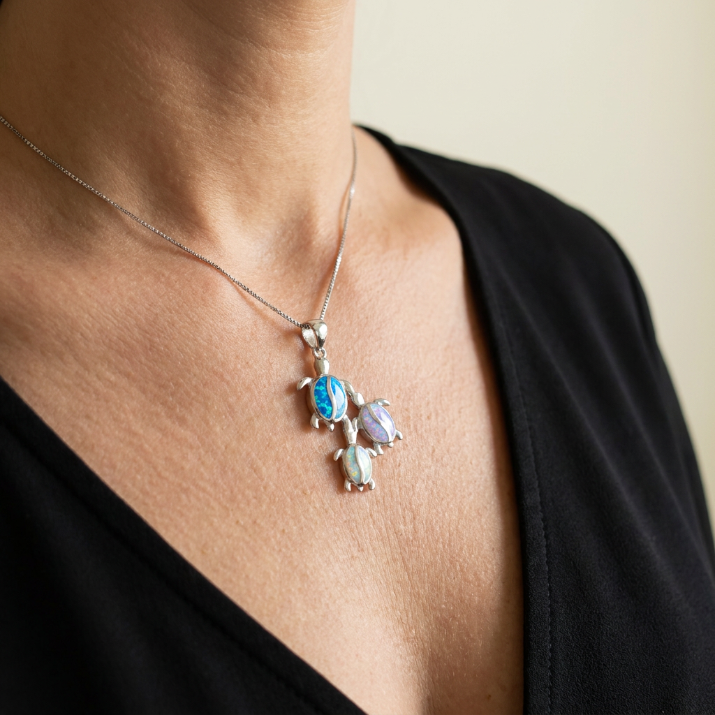 925 Sterling Silver Mix Opal Stone Sea Turtle Family Pendant Necklace