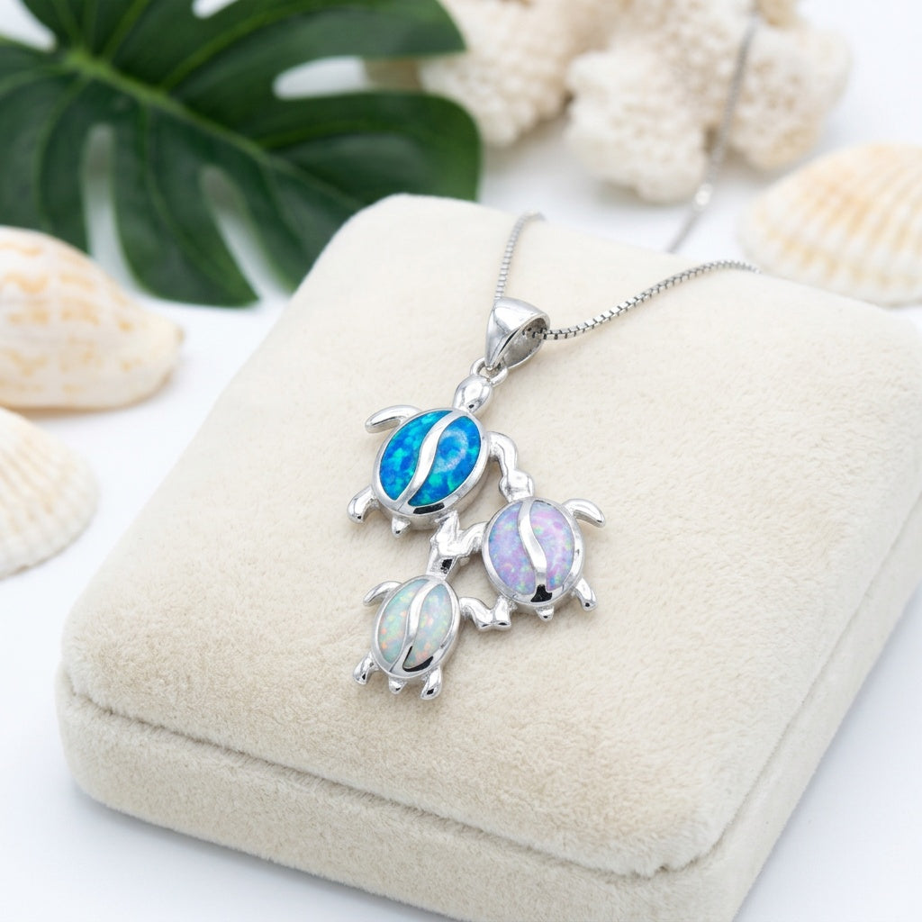 Hawaiian Triple Sea Turtle Family Opal Stone Pendant Necklace - 925 Silver