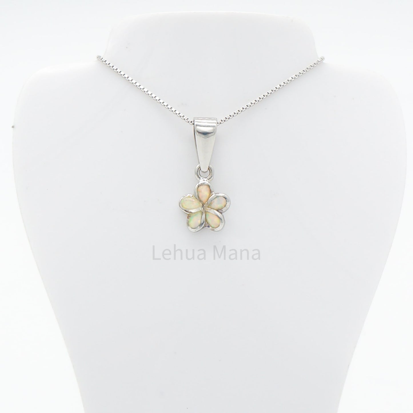 925 Sterling Silver White Opal Hawaiian Plumeria Flower Pendant Necklace