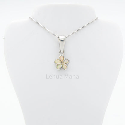 925 Sterling Silver White Opal Hawaiian Plumeria Flower Pendant Necklace
