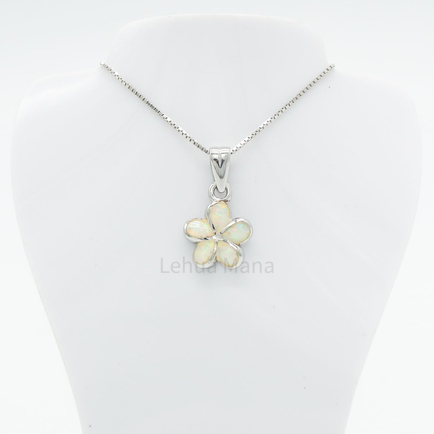 925 Sterling Silver White Opal Hawaiian Plumeria Flower Pendant Necklace