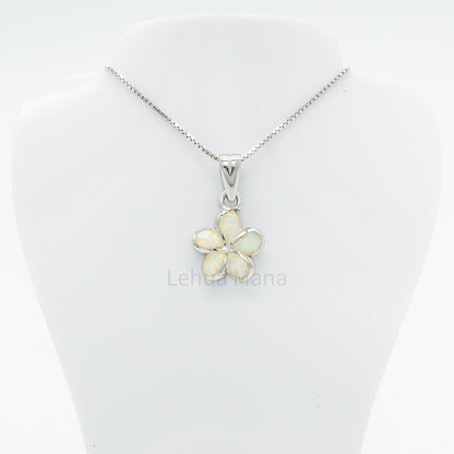 925 Sterling Silver White Opal Hawaiian Plumeria Flower Pendant Necklace