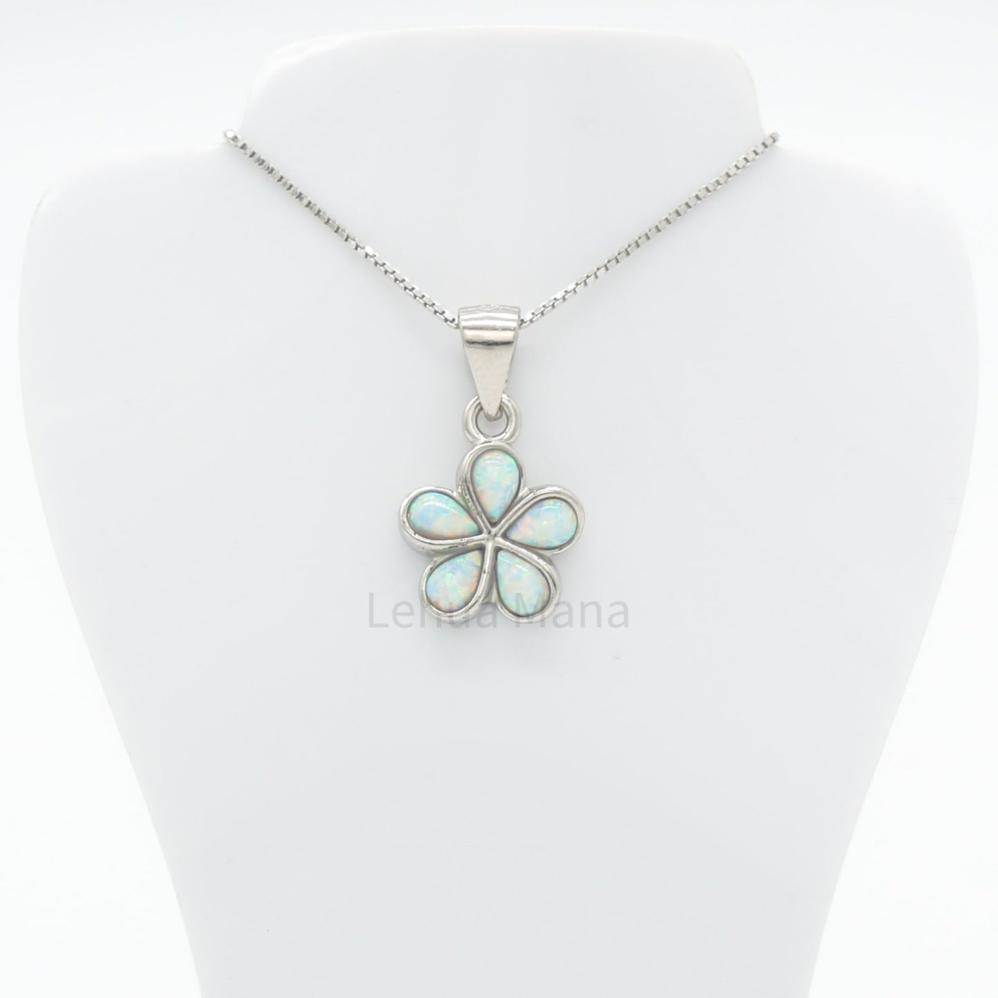 925 Sterling Silver White Opal Hawaiian Plumeria Flower Pendant Necklace