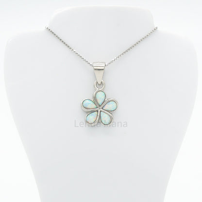 925 Sterling Silver White Opal Hawaiian Plumeria Flower Pendant Necklace