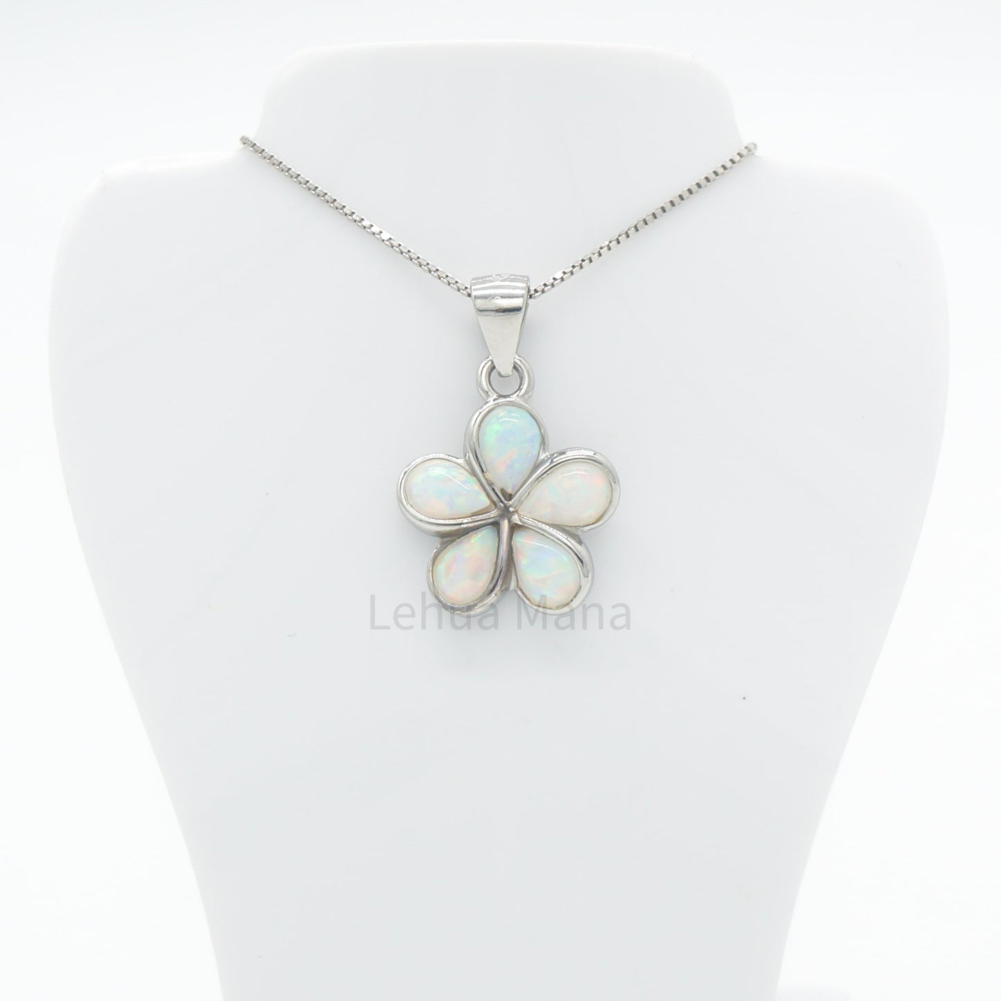 925 Sterling Silver White Opal Hawaiian Plumeria Flower Pendant Necklace