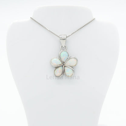 925 Sterling Silver White Opal Hawaiian Plumeria Flower Pendant Necklace