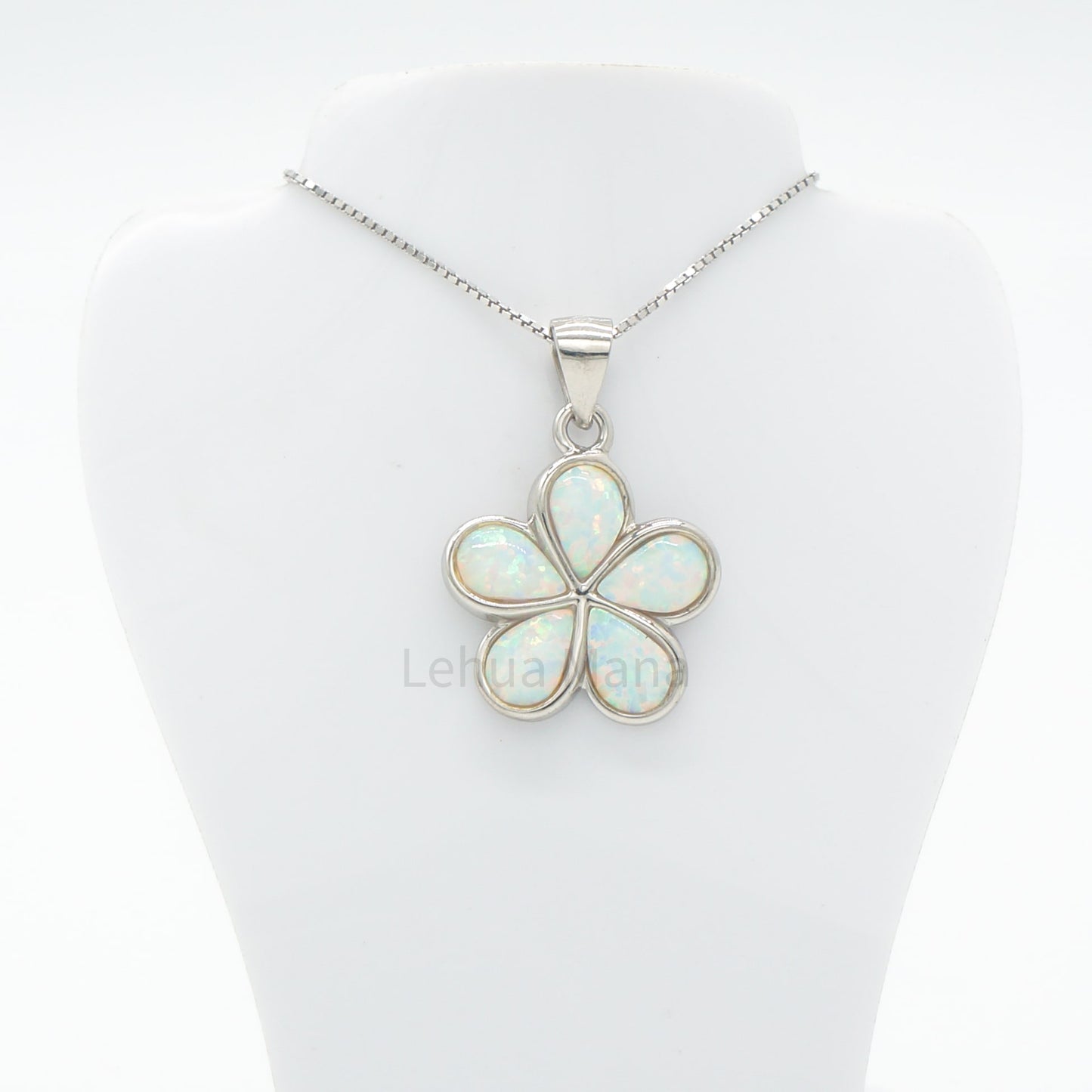 925 Sterling Silver White Opal Hawaiian Plumeria Flower Pendant Necklace