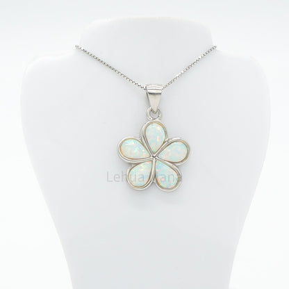 925 Sterling Silver White Opal Hawaiian Plumeria Flower Pendant Necklace
