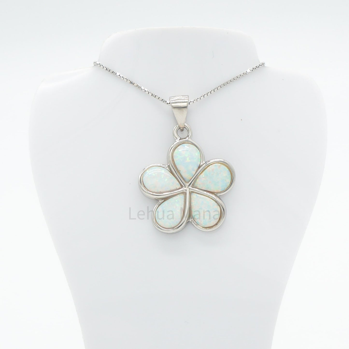 925 Sterling Silver White Opal Hawaiian Plumeria Flower Pendant Necklace