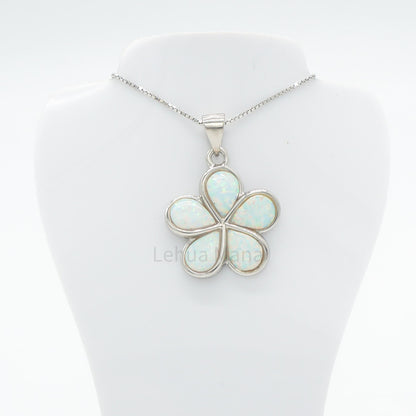 925 Sterling Silver White Opal Hawaiian Plumeria Flower Pendant Necklace