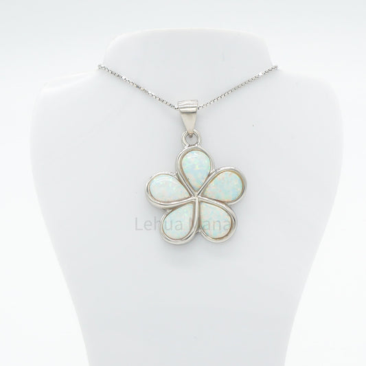 925 Sterling Silver White Opal Hawaiian Plumeria Flower Pendant Necklace