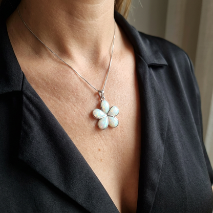 925 Sterling Silver White Opal Stone Hawaiian Plumeria Flower Pendant Necklace