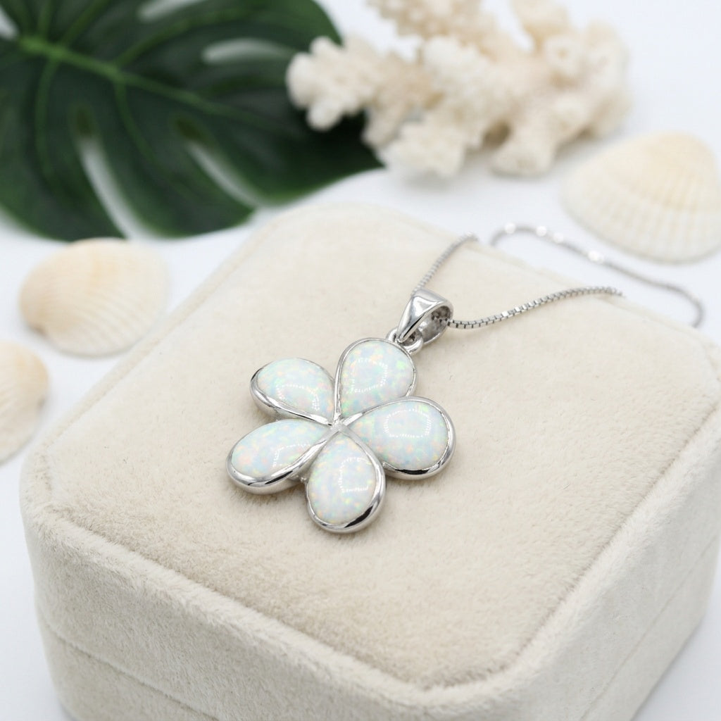 Hawaiian Plumeria Flower White Opal Stone Pendant Necklace - 925 Silver