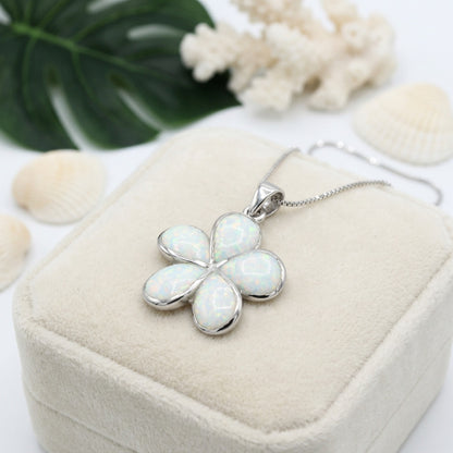 Hawaiian Plumeria Flower White Opal Stone Pendant Necklace - 925 Silver