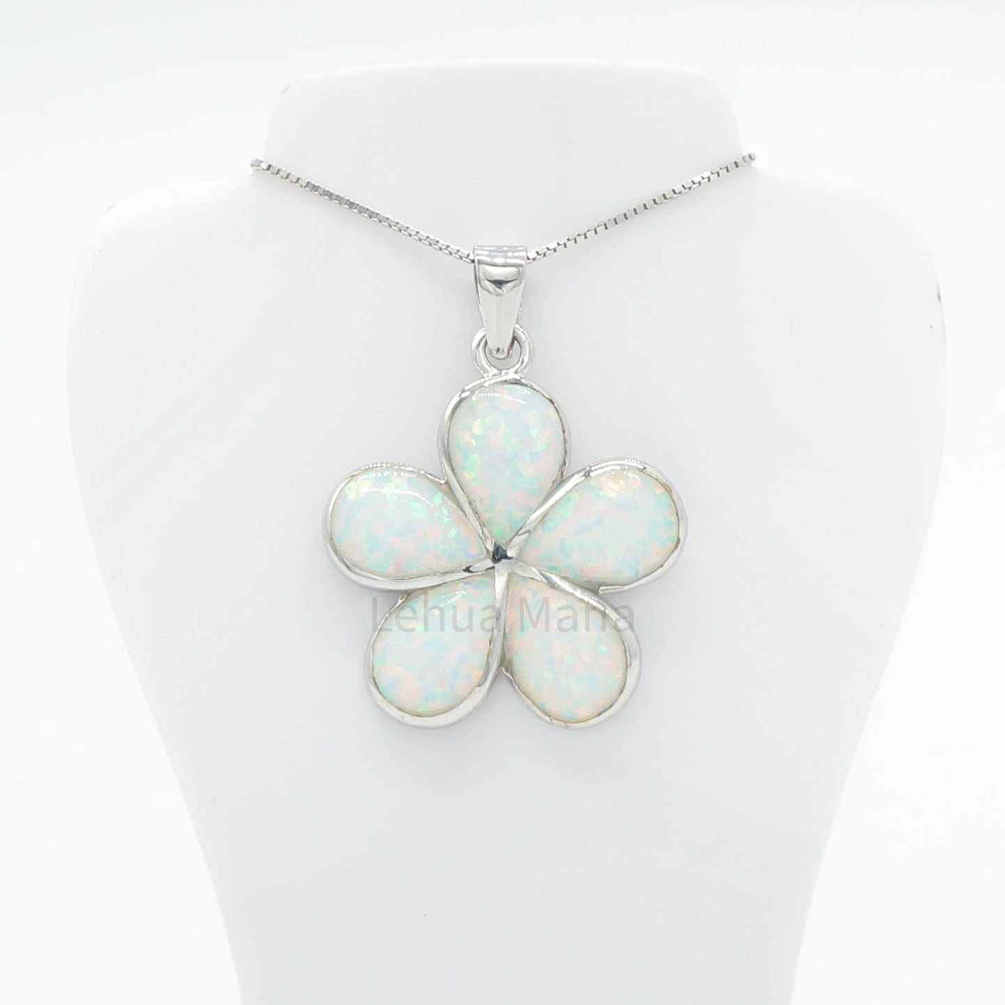 925 Sterling Silver White Opal Hawaiian Plumeria Flower Pendant Necklace