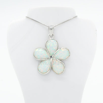 925 Sterling Silver White Opal Hawaiian Plumeria Flower Pendant Necklace