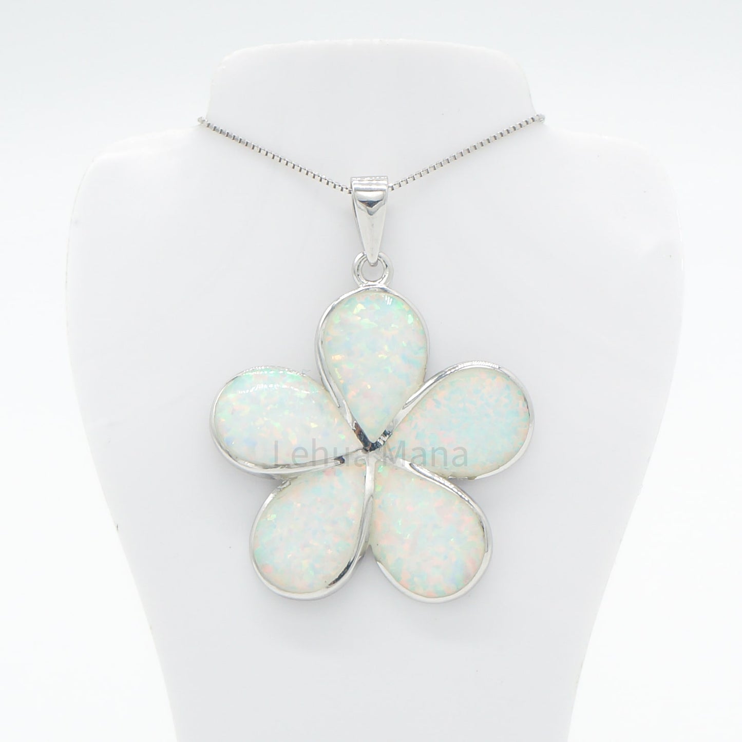 925 Sterling Silver White Opal Hawaiian Plumeria Flower Pendant Necklace