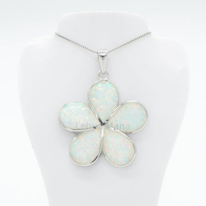 925 Sterling Silver White Opal Hawaiian Plumeria Flower Pendant Necklace