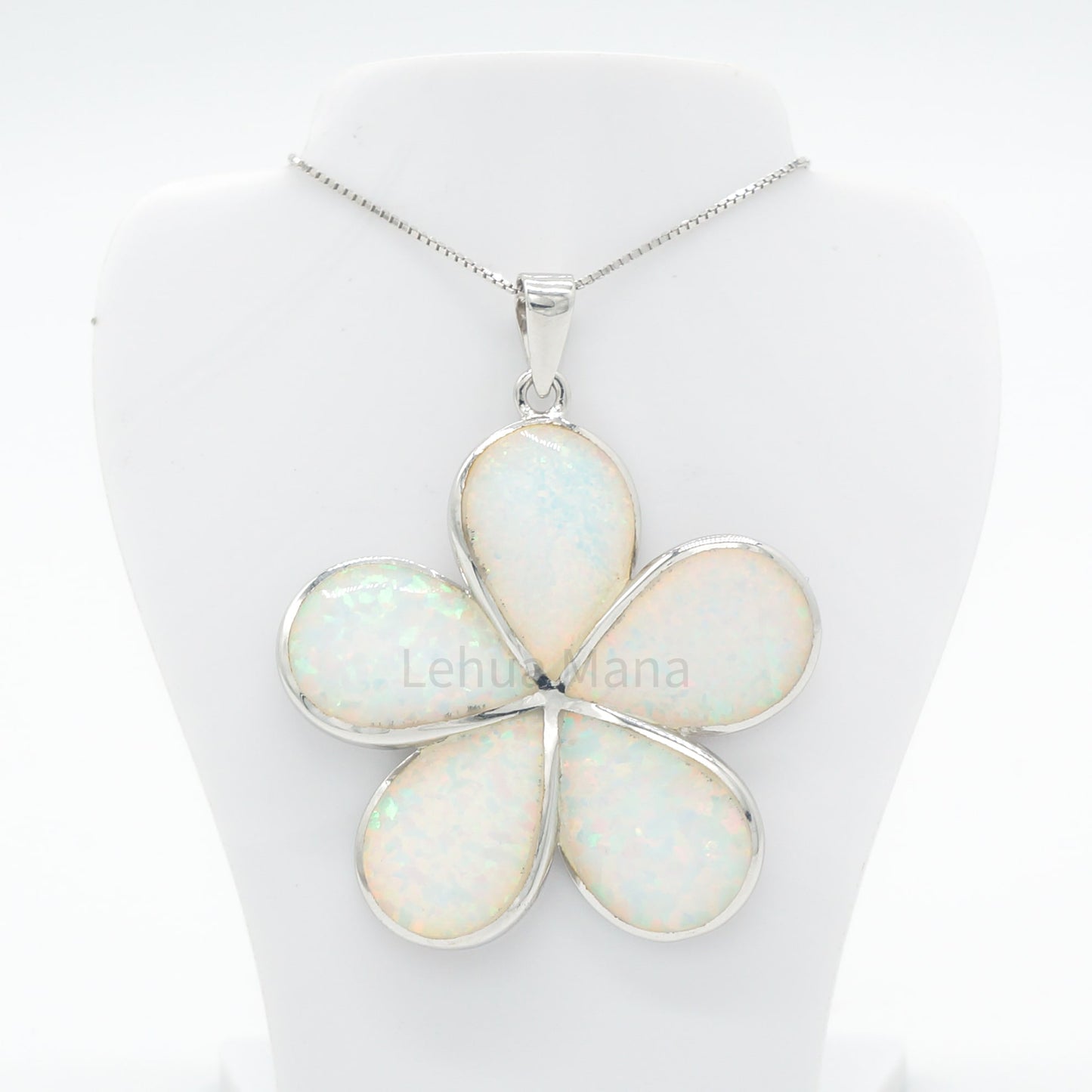 925 Sterling Silver White Opal Hawaiian Plumeria Flower Pendant Necklace