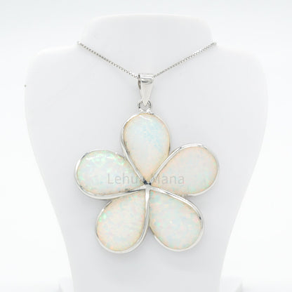 925 Sterling Silver White Opal Hawaiian Plumeria Flower Pendant Necklace
