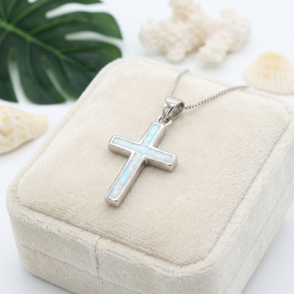 Classic Cross Opal Stone Pendant Necklace - 925 Sterling Silver