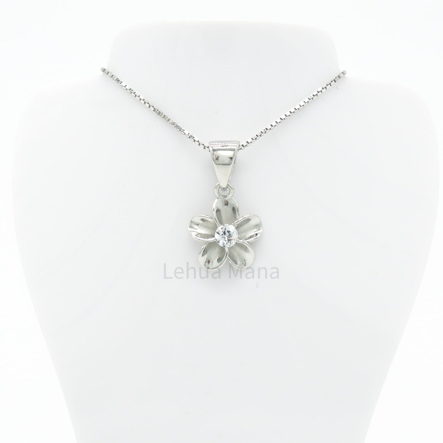 925 Sterling Silver Plumeria Flower Pendant Necklace (with Cubic Zirconia)