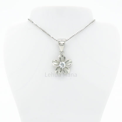 925 Sterling Silver Plumeria Flower Pendant Necklace (with Cubic Zirconia)