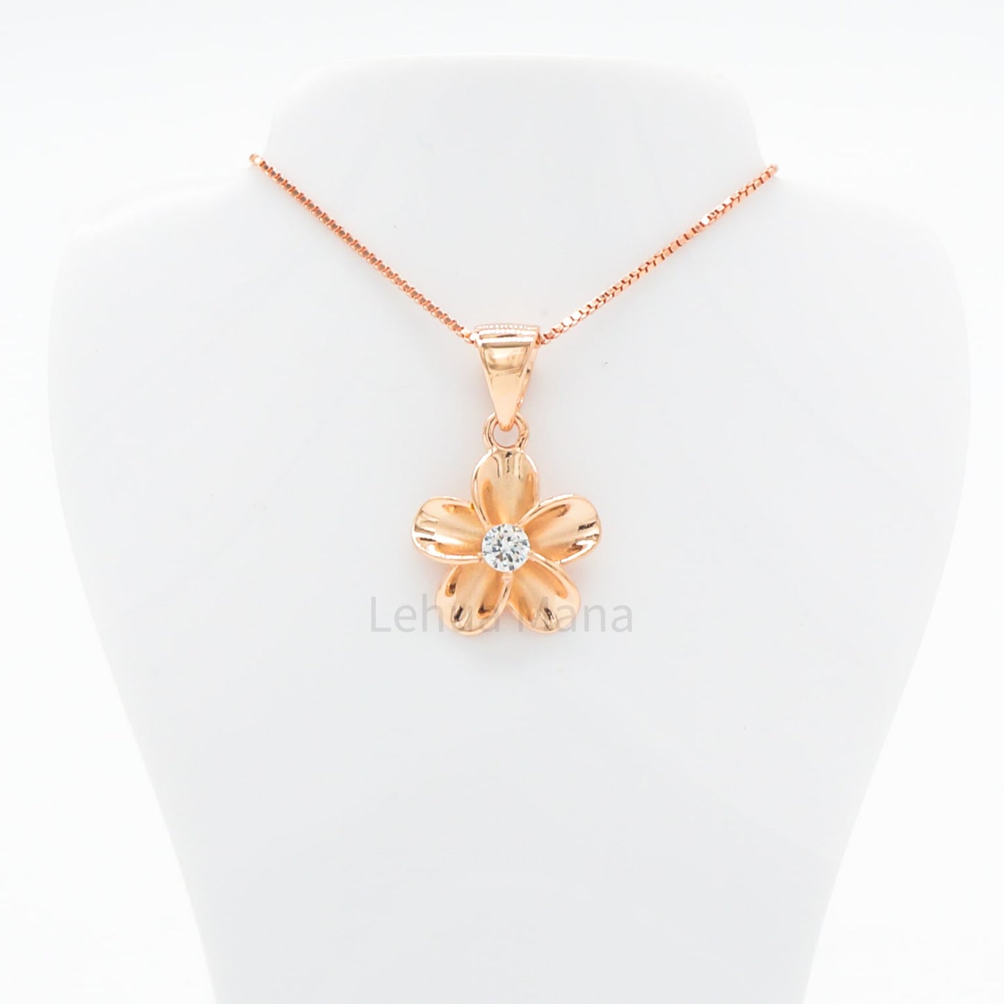 925 Sterling Silver 14K Rose Gold Plated Plumeria Flower Pendant Necklace (with Cubic Zirconia)