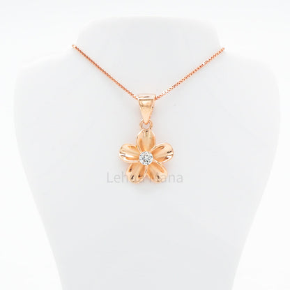 925 Sterling Silver 14K Rose Gold Plated Plumeria Flower Pendant Necklace (with Cubic Zirconia)