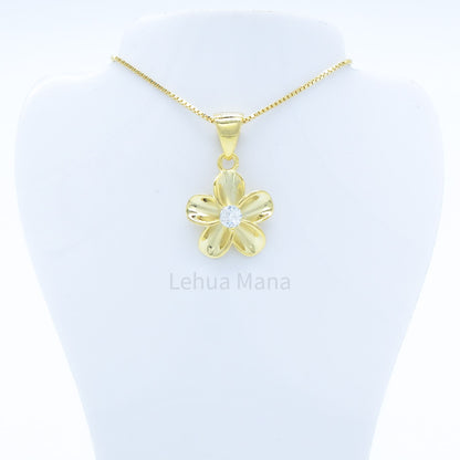 925 Sterling Silver 14K Gold Plated Plumeria Flower Pendant Necklace (with Cubic Zirconia)